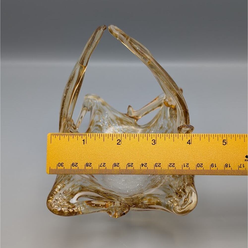 Vintage Murano Style Amber Gold Fleck Art Glass Basket Dish MCM Fall Table Decor - Picture 10 of 10